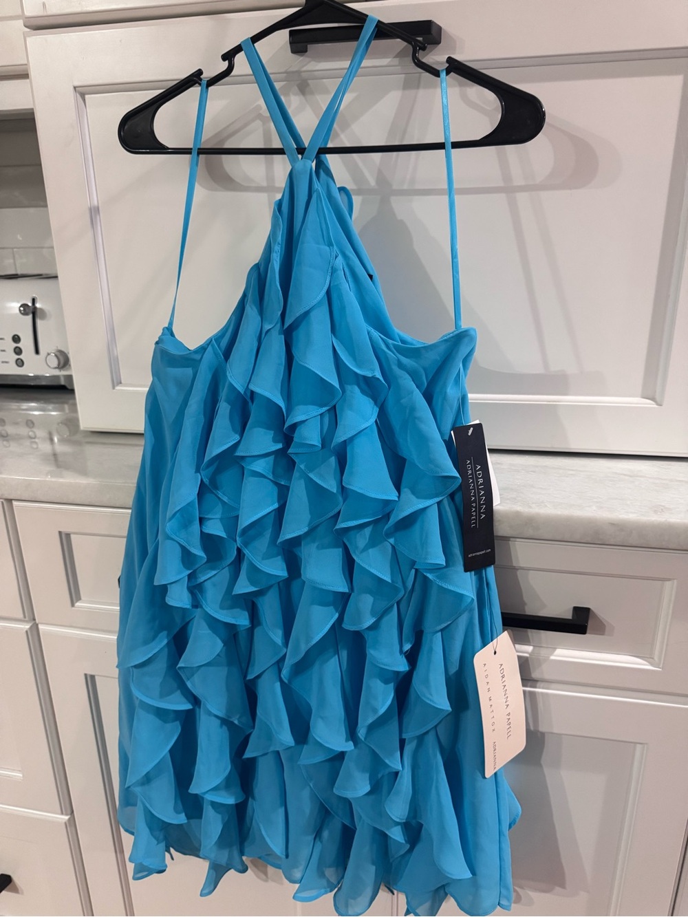 Adrianna Papell Aqua Ruffle Tiered Spaghetti-Strap Mini Dress